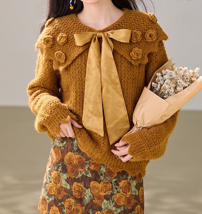 28725 Floral Bow Knit Sweater in Orange & Apricot