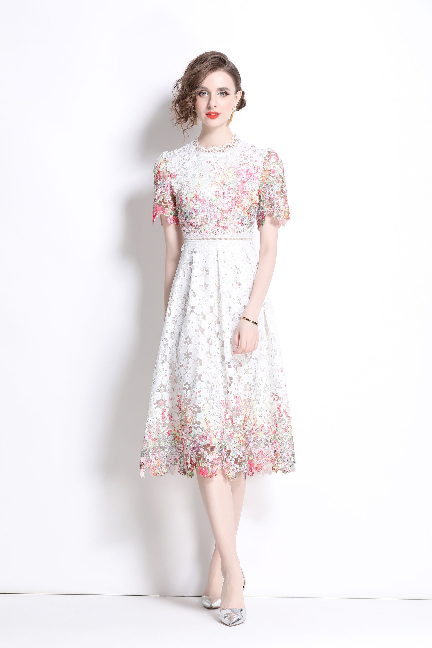 Women's Lace Floral Short Sleeve Crochet Waist Cocktail Midi Dress