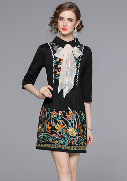 Black Embroidered Bow Tie Mini Dress – Vintage-Inspired Chic