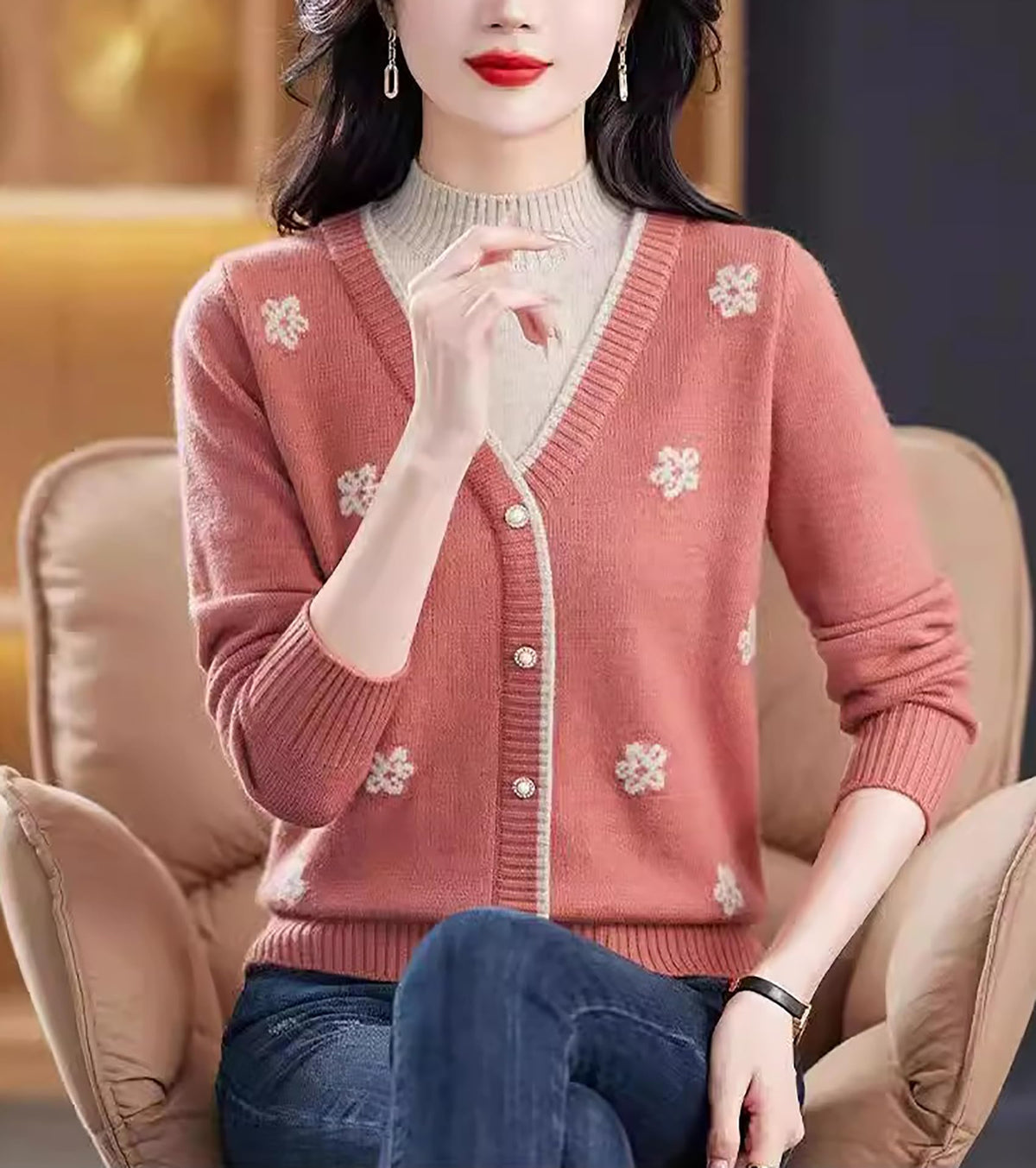 Floral Embroidered V-Neck Knit Sweater Pullover Top Fall Layered