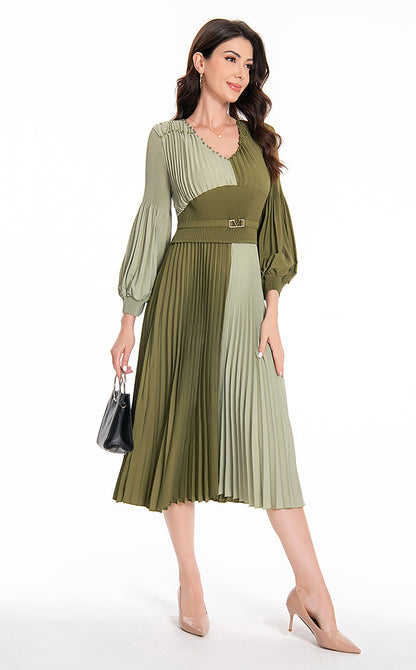 Women's Puff Sleeves V-Neck Solid Color Pleated Dress