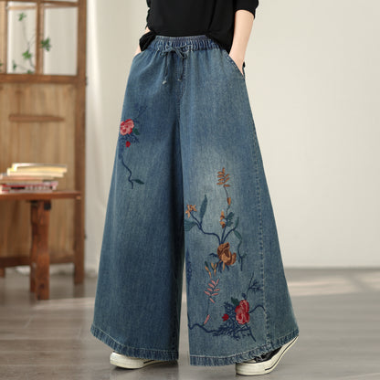 Women's Baggy Jeans Embroidery Elastic Waist Denim Pants