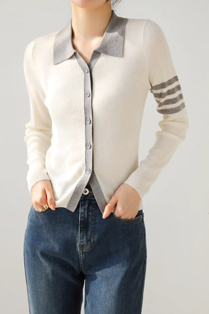 Women's Lapel V Neck Striped Cardigan Knit Blouse