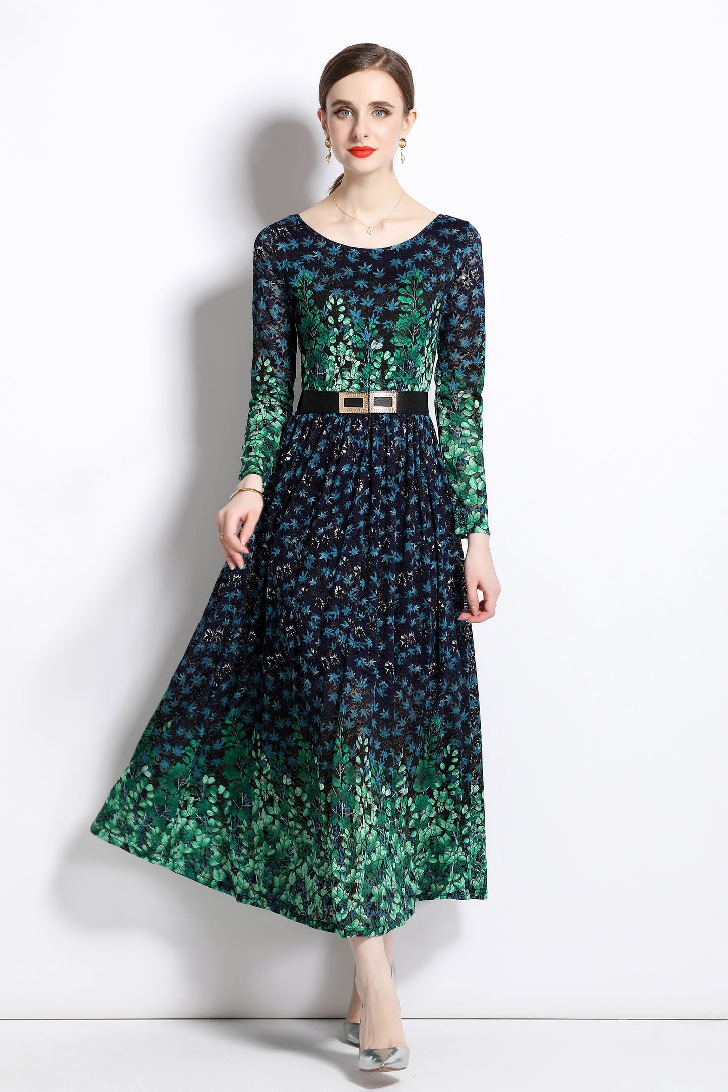 FSY-Women's Lace Floral U Neck Stretchy Maxi Dress