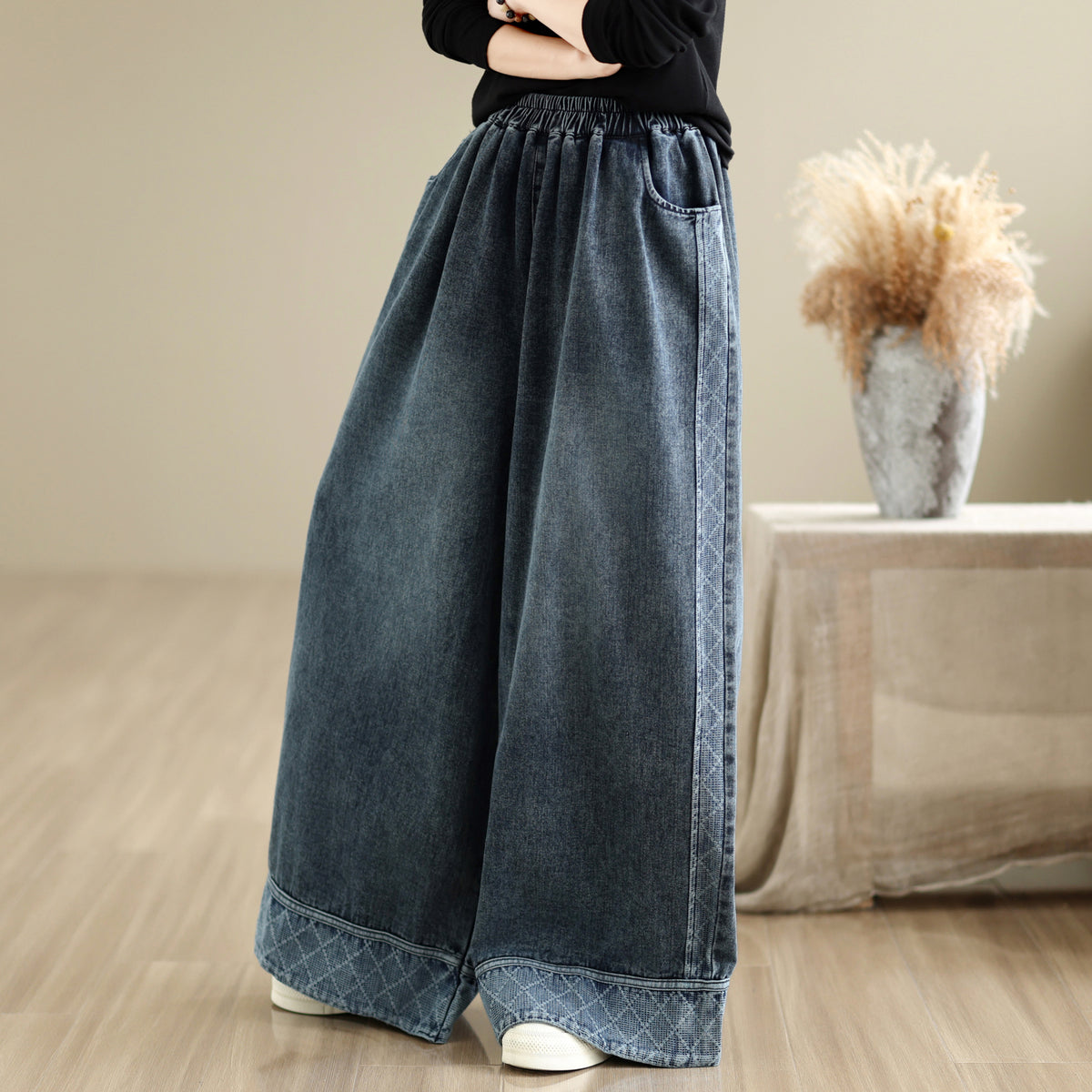 28666-Vintage Denim Wide Leg Palazzo Pants with Elastic Waist & Pockets