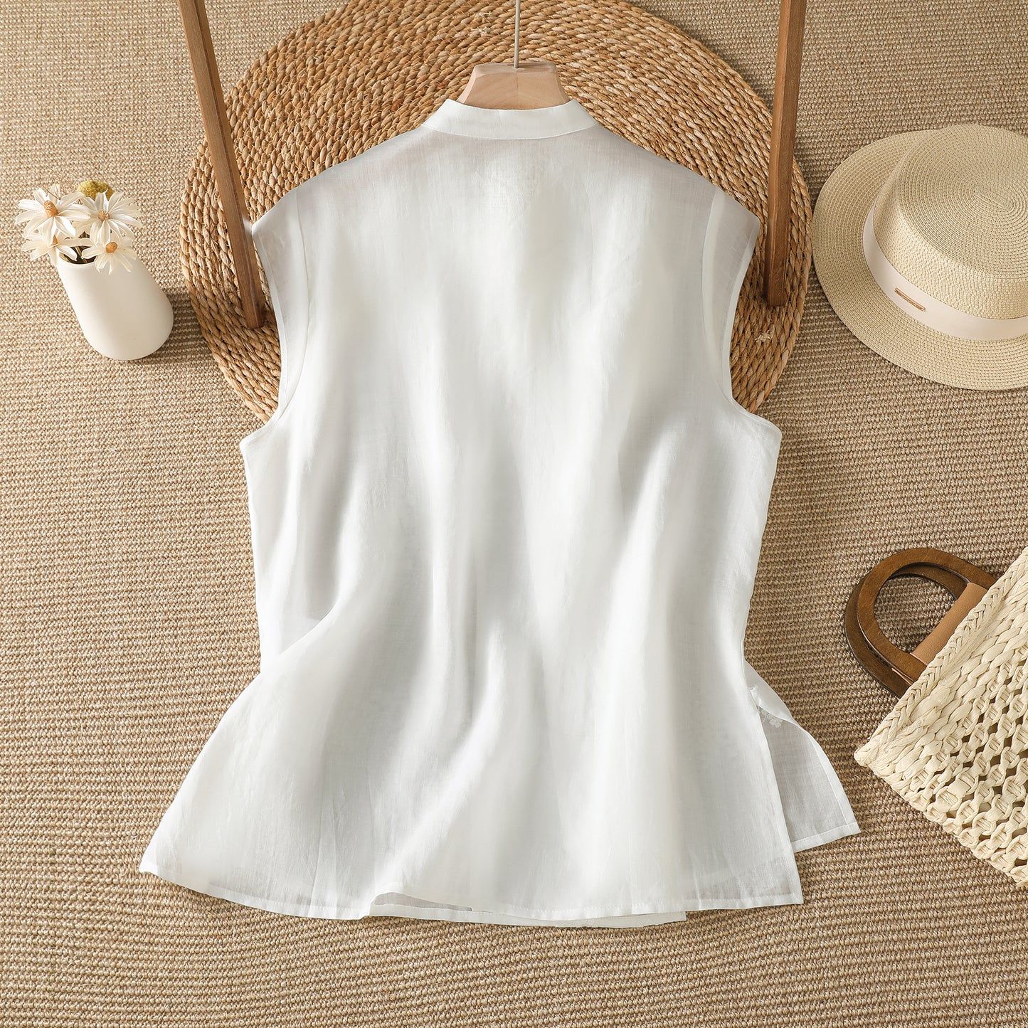 Embroidered Asymmetrical Cotton-Linen Blouse | Lightweight Summer Mandarin Collar Top