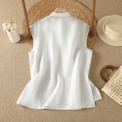 Embroidered Asymmetrical Cotton-Linen Blouse | Lightweight Summer Mandarin Collar Top