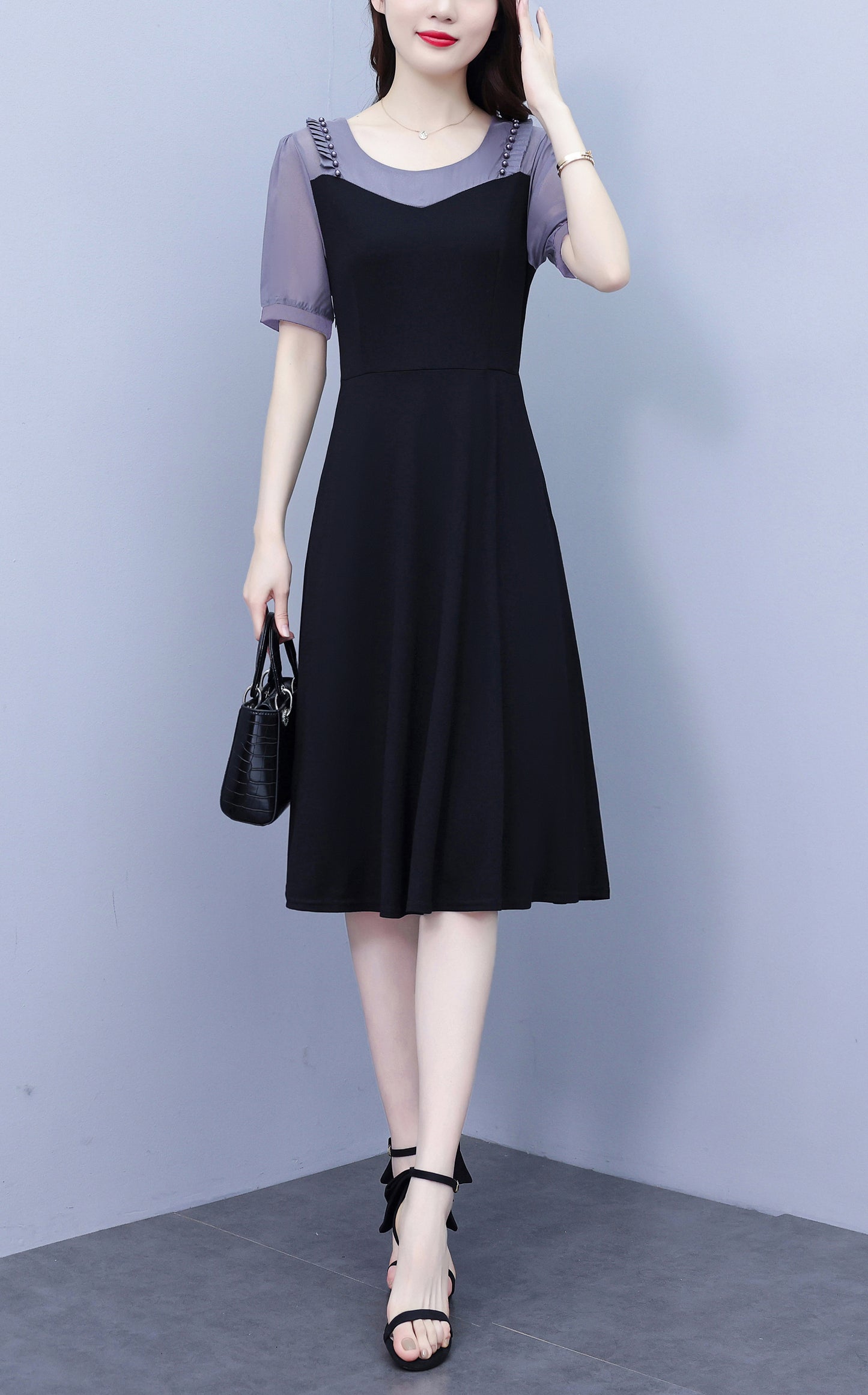 Women's Short Sleeve Pocket A-line Stretch Midi Dress