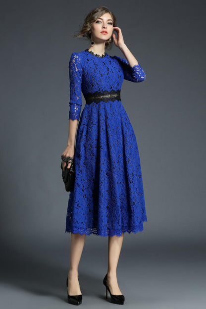 SSY-Women's 3/4 Sleeve Lace Overlay Cocktail Wedding Midi Dress - LAI MENG FIVE CATS