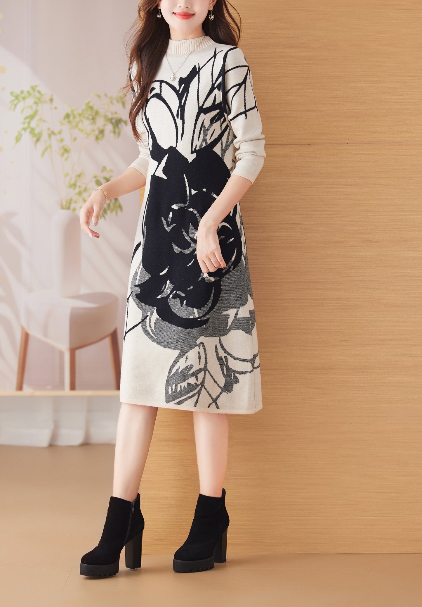 Women's Turtleneck Print Pullover Sweater Midi Dress