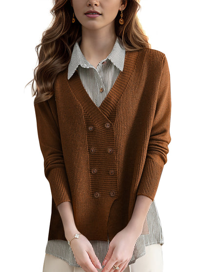 Women's Casual Patchwork Shirt Collar Long Sleeve Cotton Pullover Tops