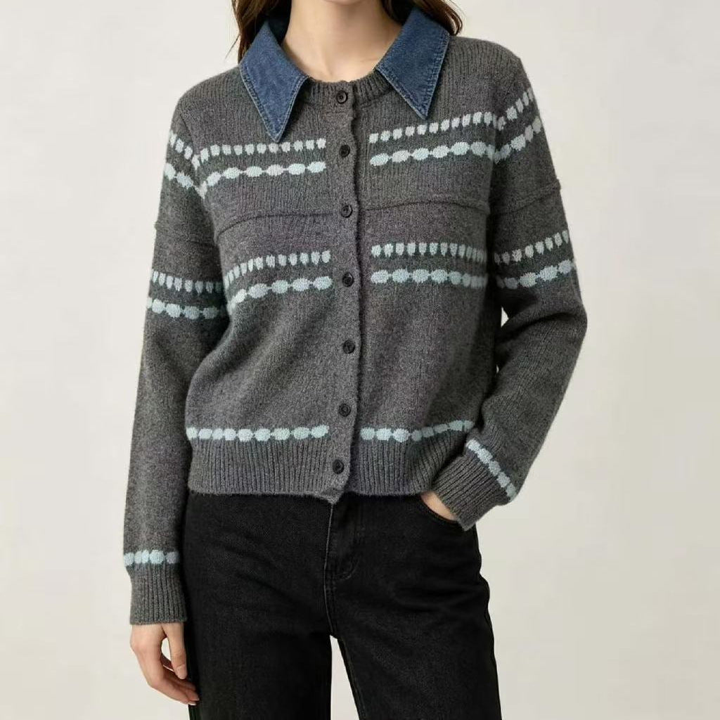 Denim Collar Striped Knit Cardigan Long Sleeve Casual Sweater
