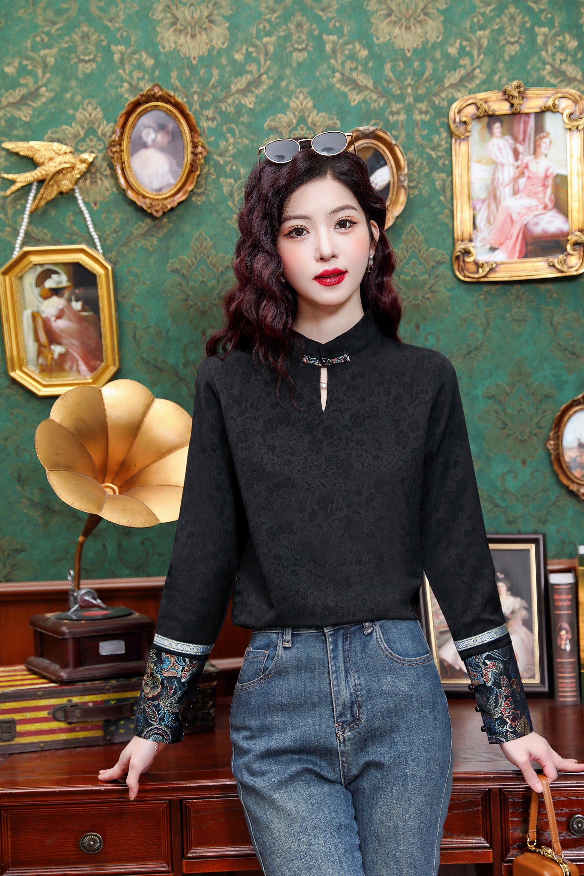 Women's Silk Satin Mandarin Collar Long Sleeve Blouse Top - LAI MENG FIVE CATS