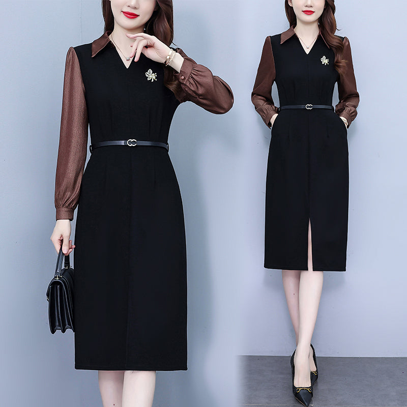 Women's Lapel V-Neck Pocket Long Sleeve Black Dress