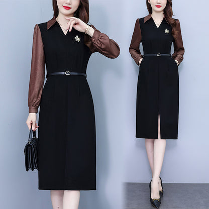 Women's Lapel V-Neck Pocket Long Sleeve Black Dress
