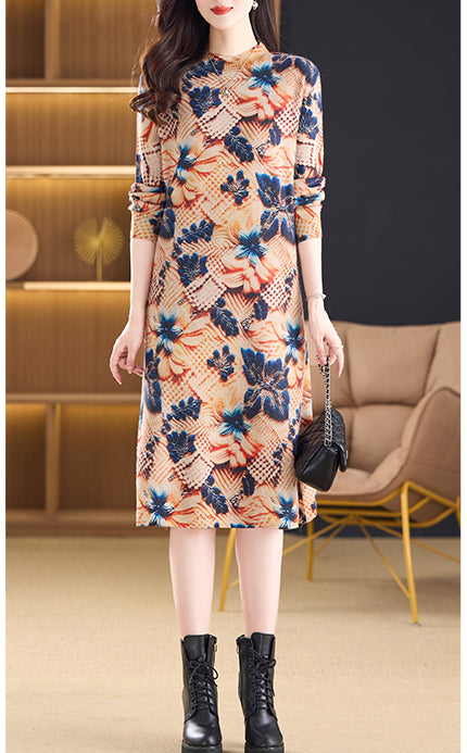 Women's Fall Long Sleeve Knitted Sweater Midi Dress