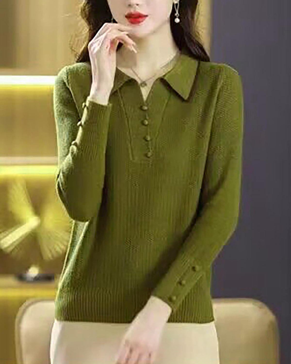 Fine-Knit Polo Top with Contrast Collar & Layered Look Sweater