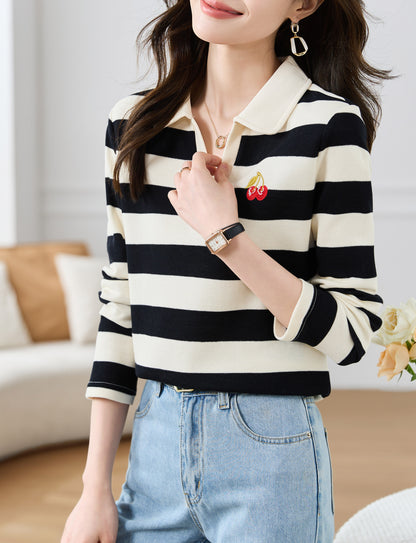 Striped Knit Sweater V Neck Casual Tunic T Shirts