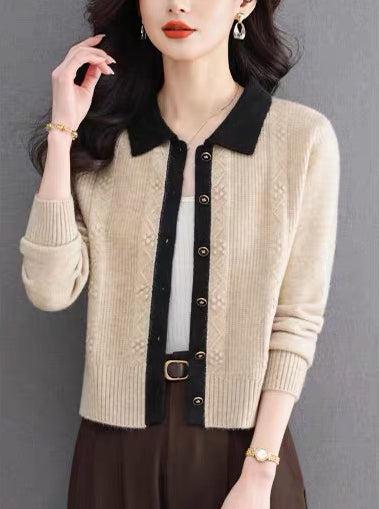 Vintage Contrast Collar Cable Knit Cardigan | Textured Button Crop Sweater
