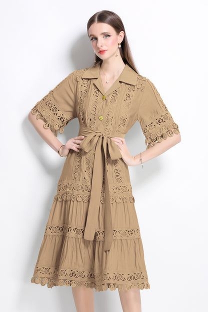 Women's Lace Lapel V-Neck Short Sleeve Midi Dress