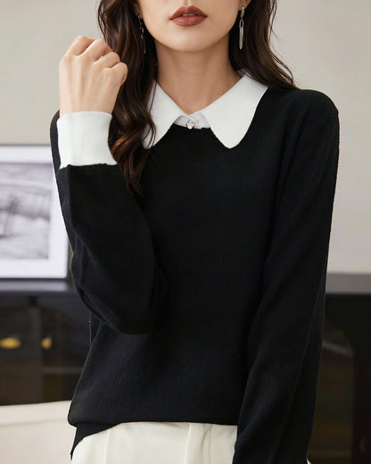 Contrast Collar Knit Sweater – Vintage Long Sleeve Pullover Top