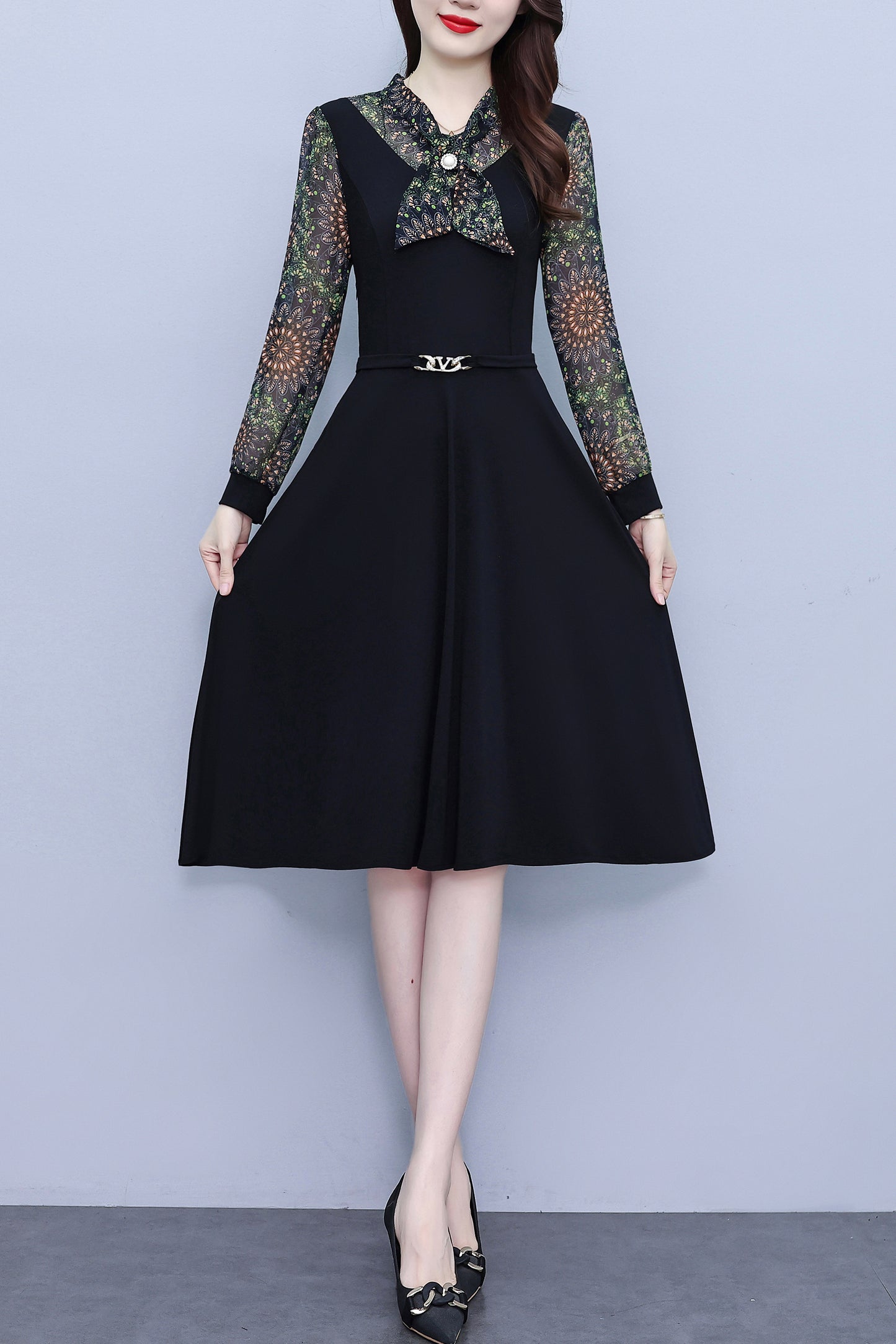 Women's V-Neck Long Sleeve Patchwork Black Dress