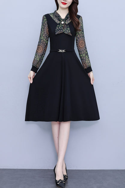 Women's V-Neck Long Sleeve Patchwork Black Dress
