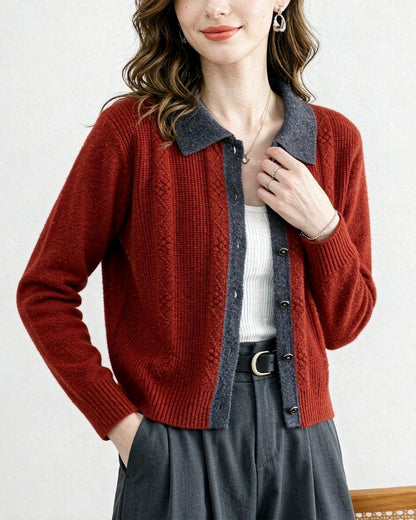 Vintage Contrast Collar Cable Knit Cardigan | Textured Button Crop Sweater