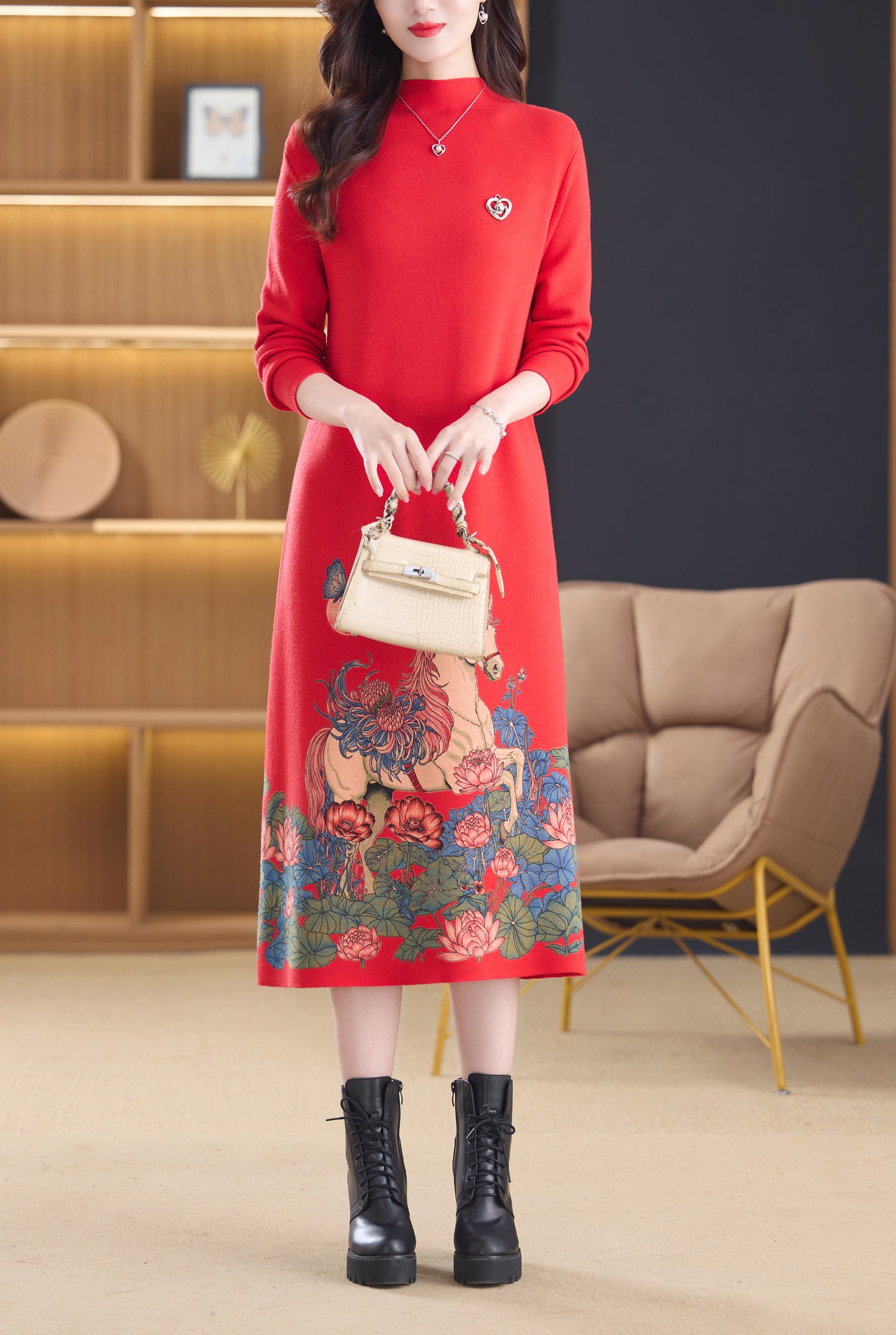 Women's Turtleneck Sweater Long Sleeve Red Dress