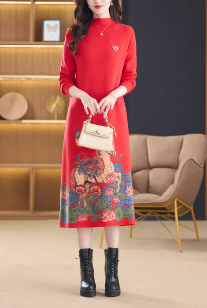 Women's Turtleneck Sweater Long Sleeve Red Dress