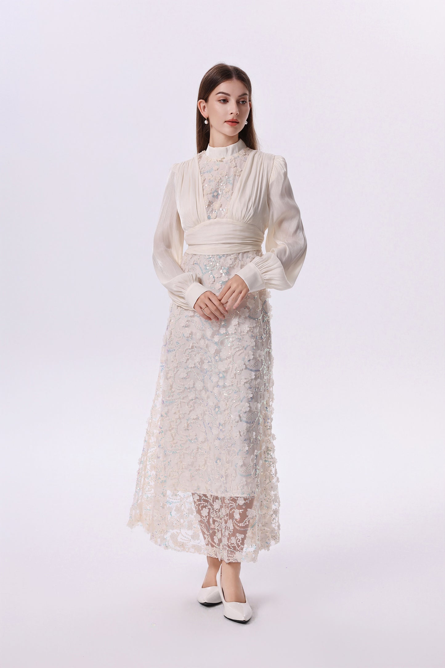 Elegant Sequin Embroidered 3D Floral Maxi Evening Dress