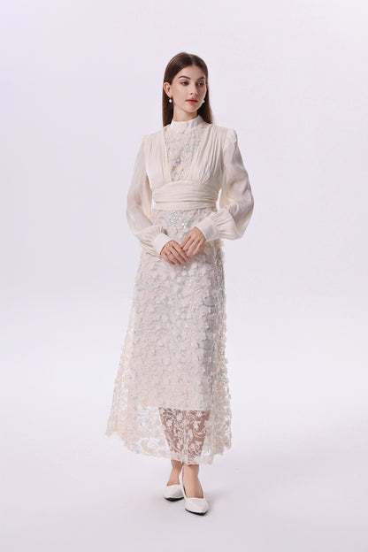 Elegant Sequin Embroidered 3D Floral Maxi Evening Dress