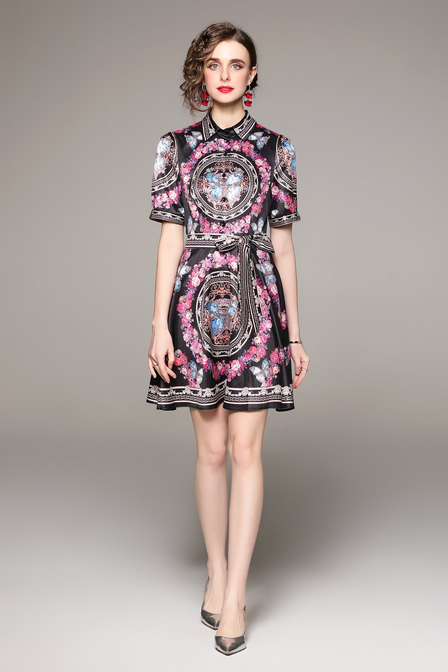 SSY-Women's Floral Lapel Collar Short Sleeve Mini Dress