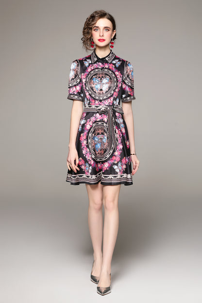 SSY-Women's Floral Lapel Collar Short Sleeve Mini Dress