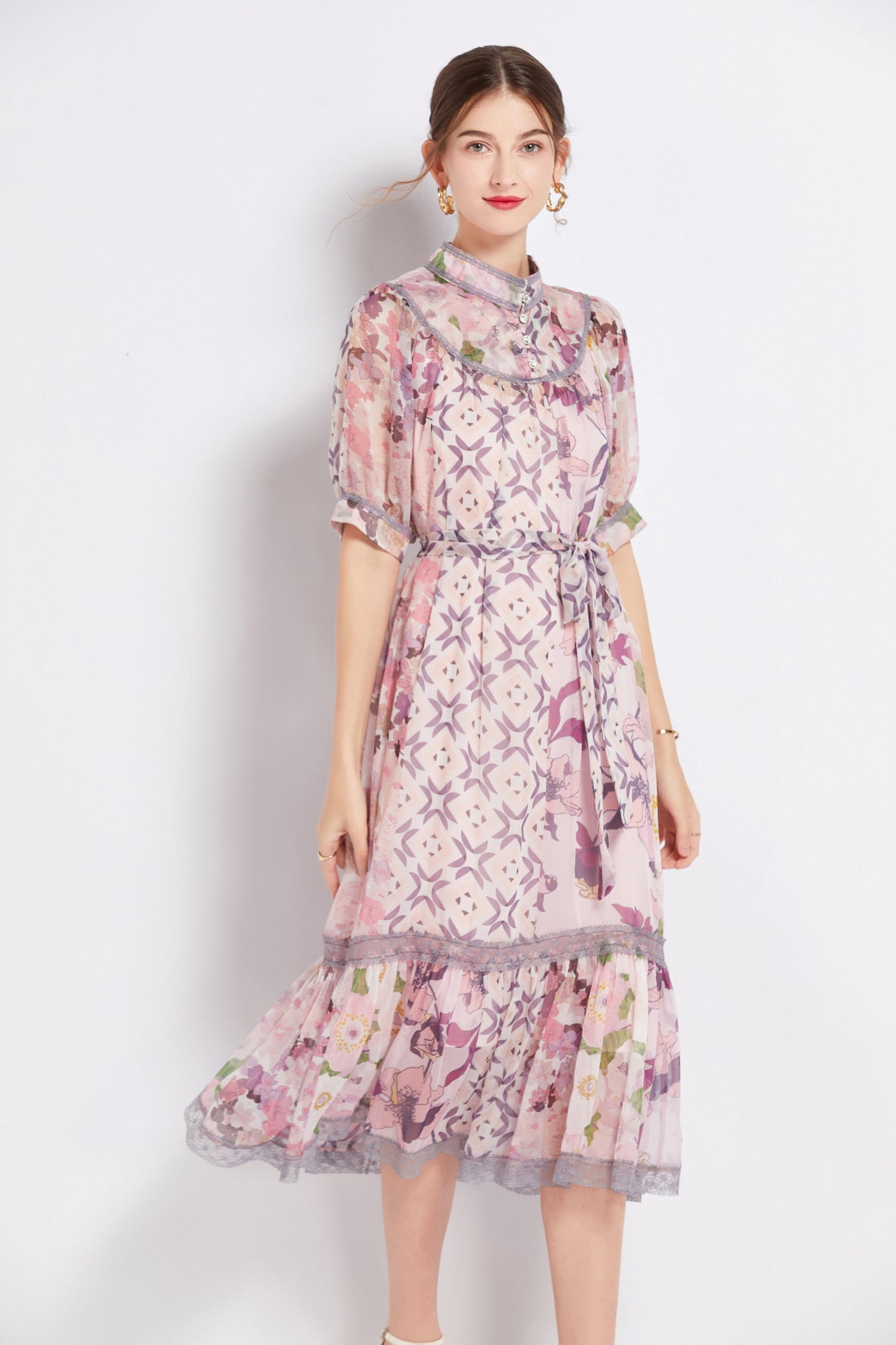 FSY-Women's Chiffon Short Sleeve Floral Ruffle Loose Midi Dress