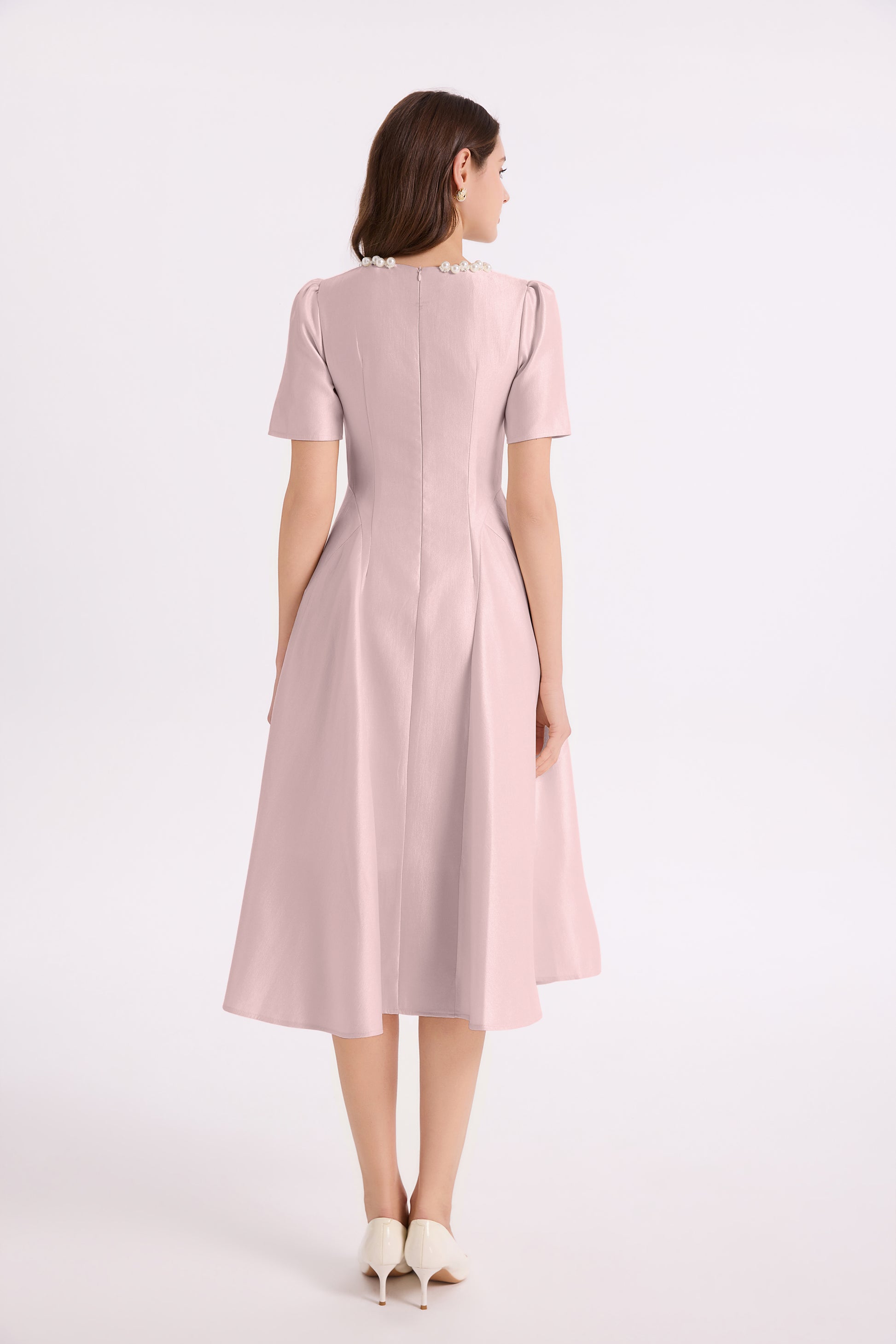 Elegant Pearl-Trim A-Line Midi Dress - LAI MENG FIVE CATS
