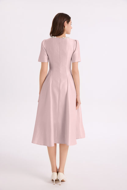 Elegant Pearl-Trim A-Line Midi Dress - LAI MENG FIVE CATS