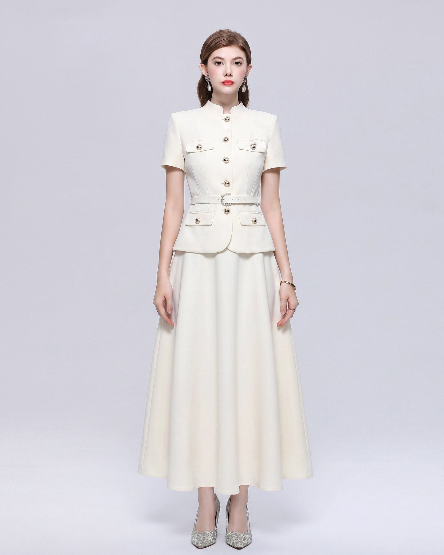 Chic 2-Piece Outfit: EShort-Sleeve Mandarin Collar Jacket & A-Line Skirt