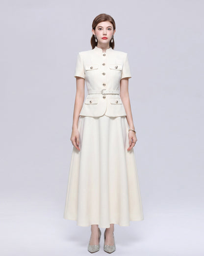 Chic 2-Piece Outfit: EShort-Sleeve Mandarin Collar Jacket & A-Line Skirt