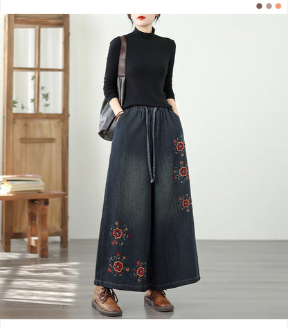 Women's Baggy Wide Leg Jeans Embroidery Pants