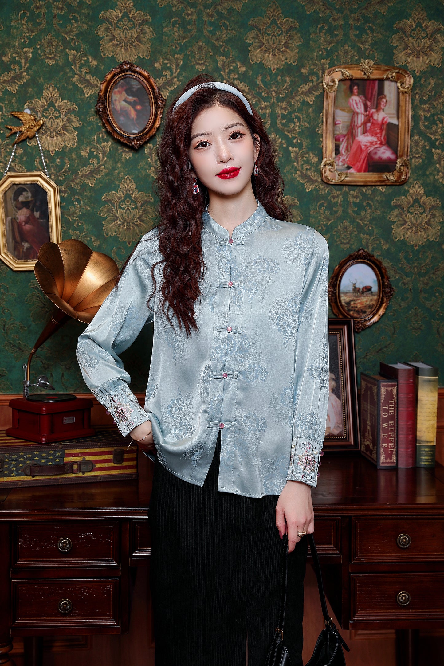 Women's Silk Satin Jacquard Long Sleeve Blouses