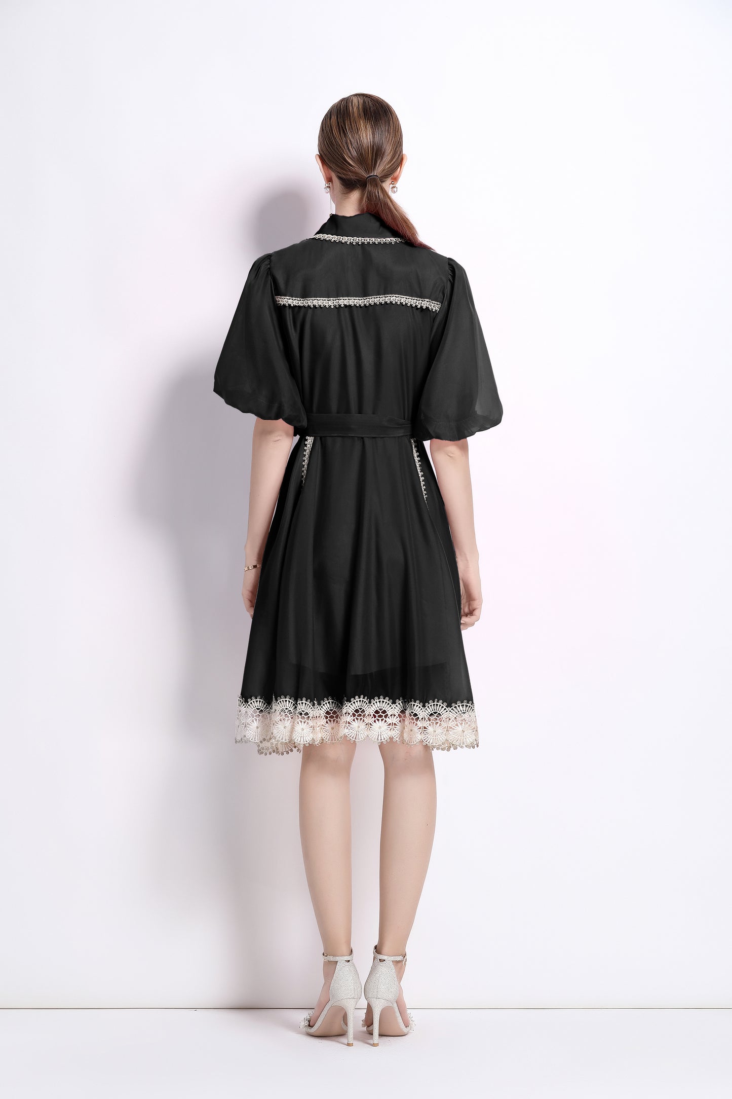Black Lace Trim Chiffon Dress
