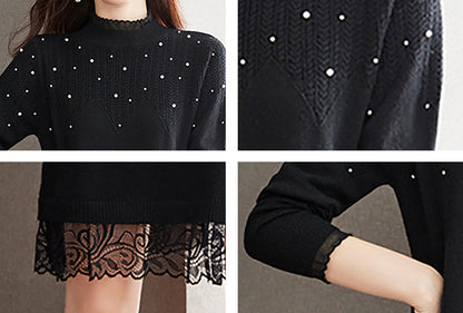 Lace Patchwork Shiny Beads Mini Sweater Dress