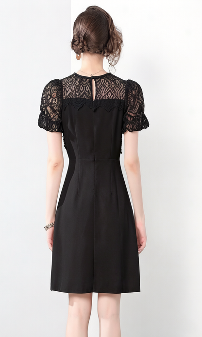 Black Lace Beaded Mini Dress – Elegant Puff Sleeve Cocktail Dress