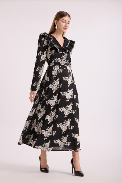 French-Inspired Embroidered Ruffled A-line Maxi Dress