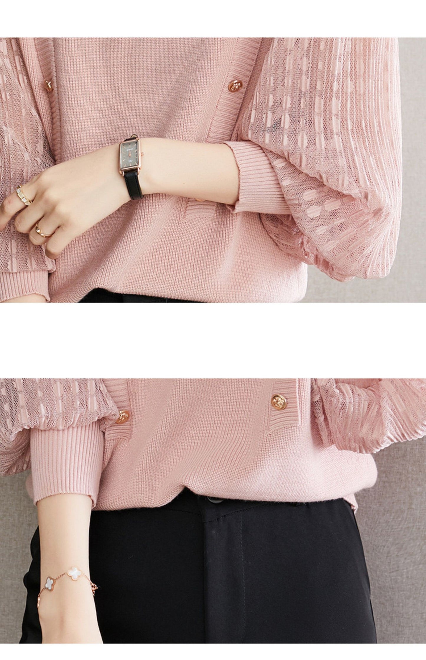 Soft Mock Neck Puff Sleeve Knit Top | Pink & Sage Green