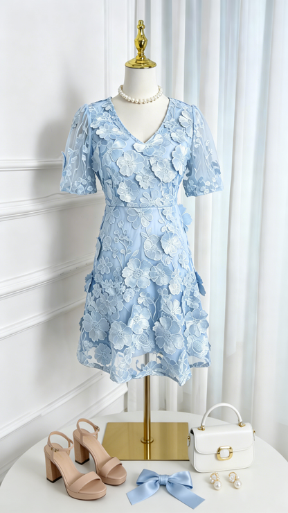 Light Blue 3D Floral Embroidered Mini Dress for Wedding Guests - LAI MENG FIVE CATS