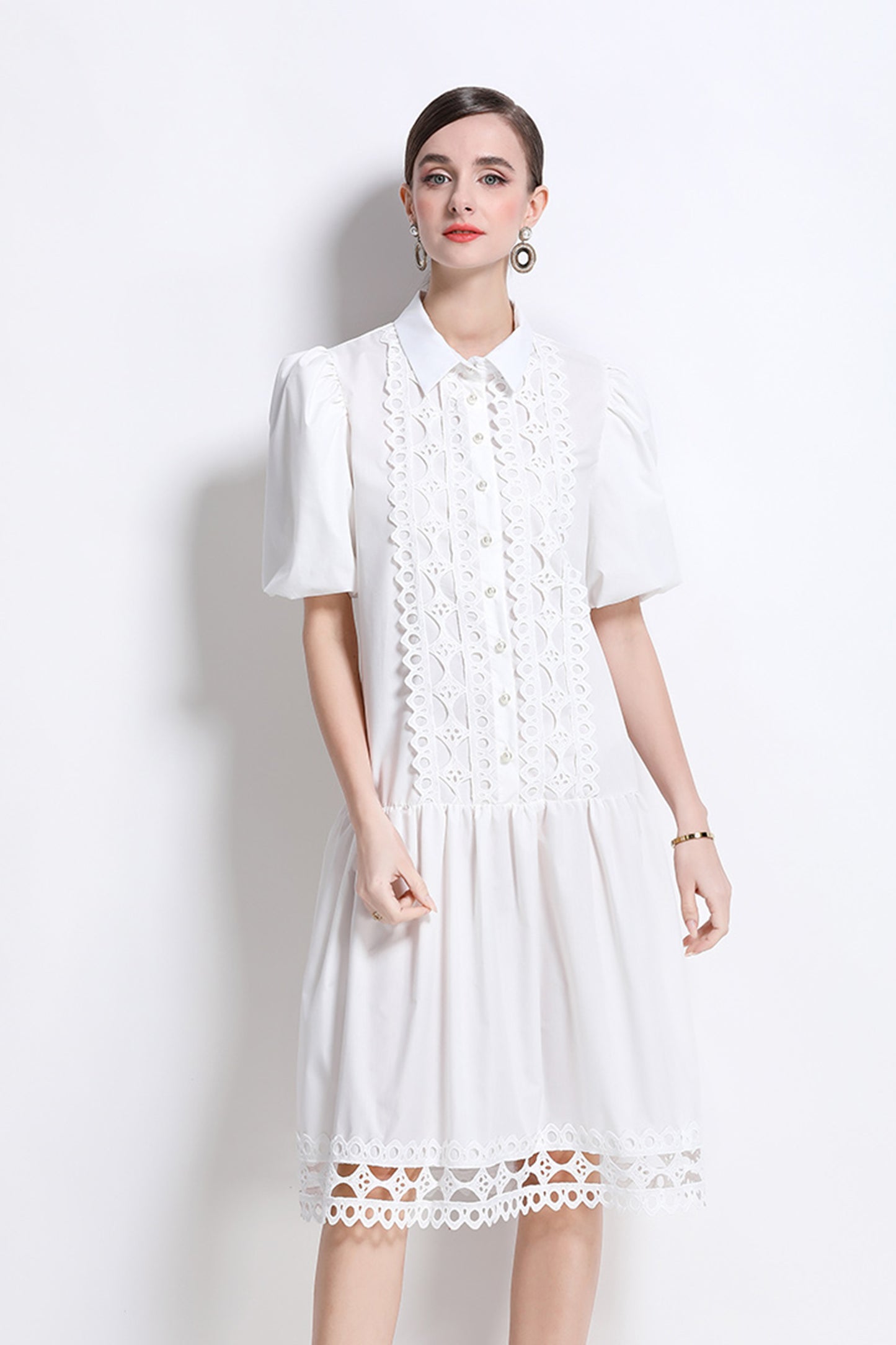 Women's Puff Sleeves Collar Hollow Embroidery Midi Dress