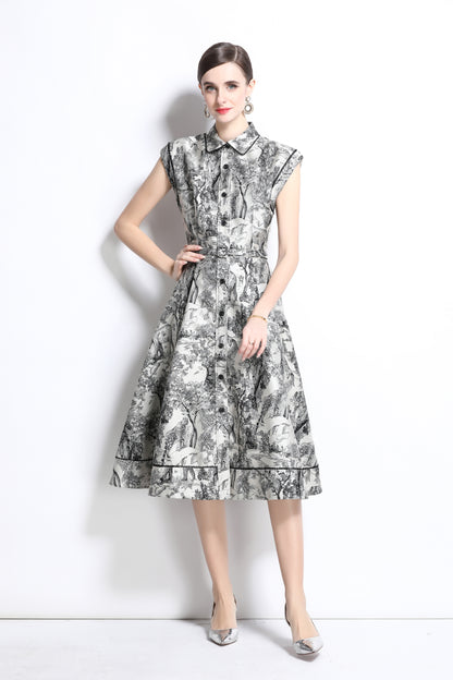 Women's Jacquard Cap Sleeve Button Rockabilly Dress