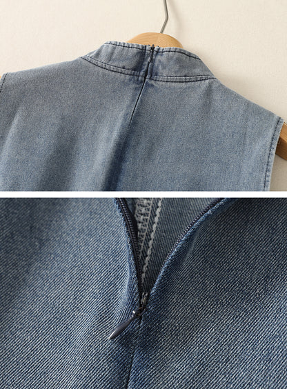 Mandarin Collar Denim Peplum Top